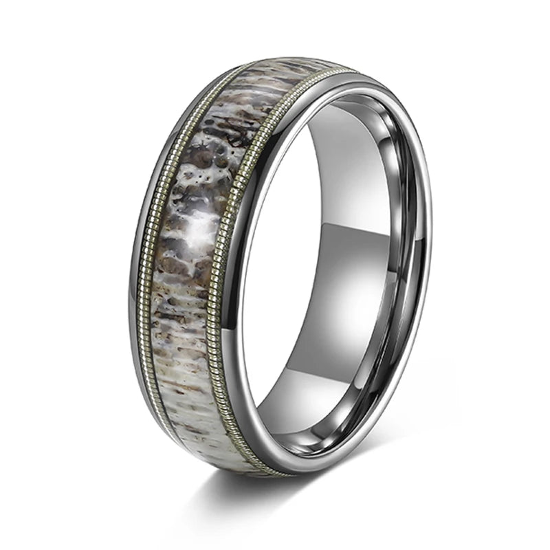 Bague de mariage en tungstène avec bois de cervidé et corde de guitare