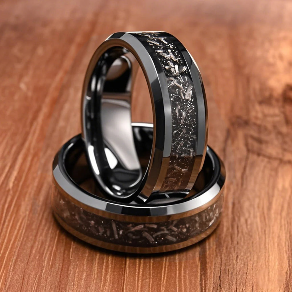 Bague de mariage noire en tungstène et météorite