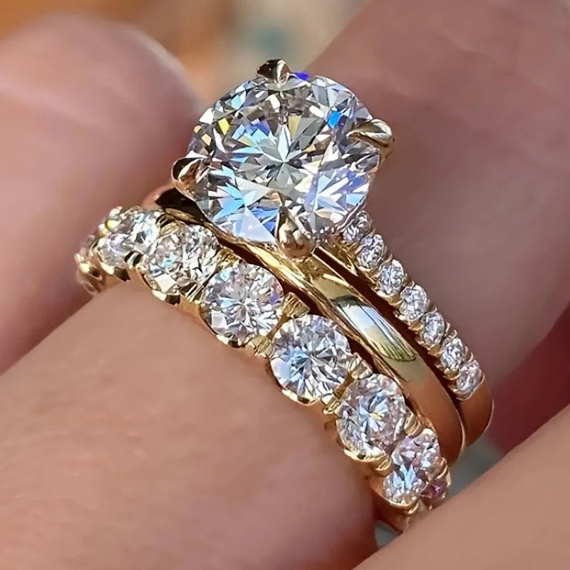 Parure de 3 bagues de mariage en zircone dorée Huitan