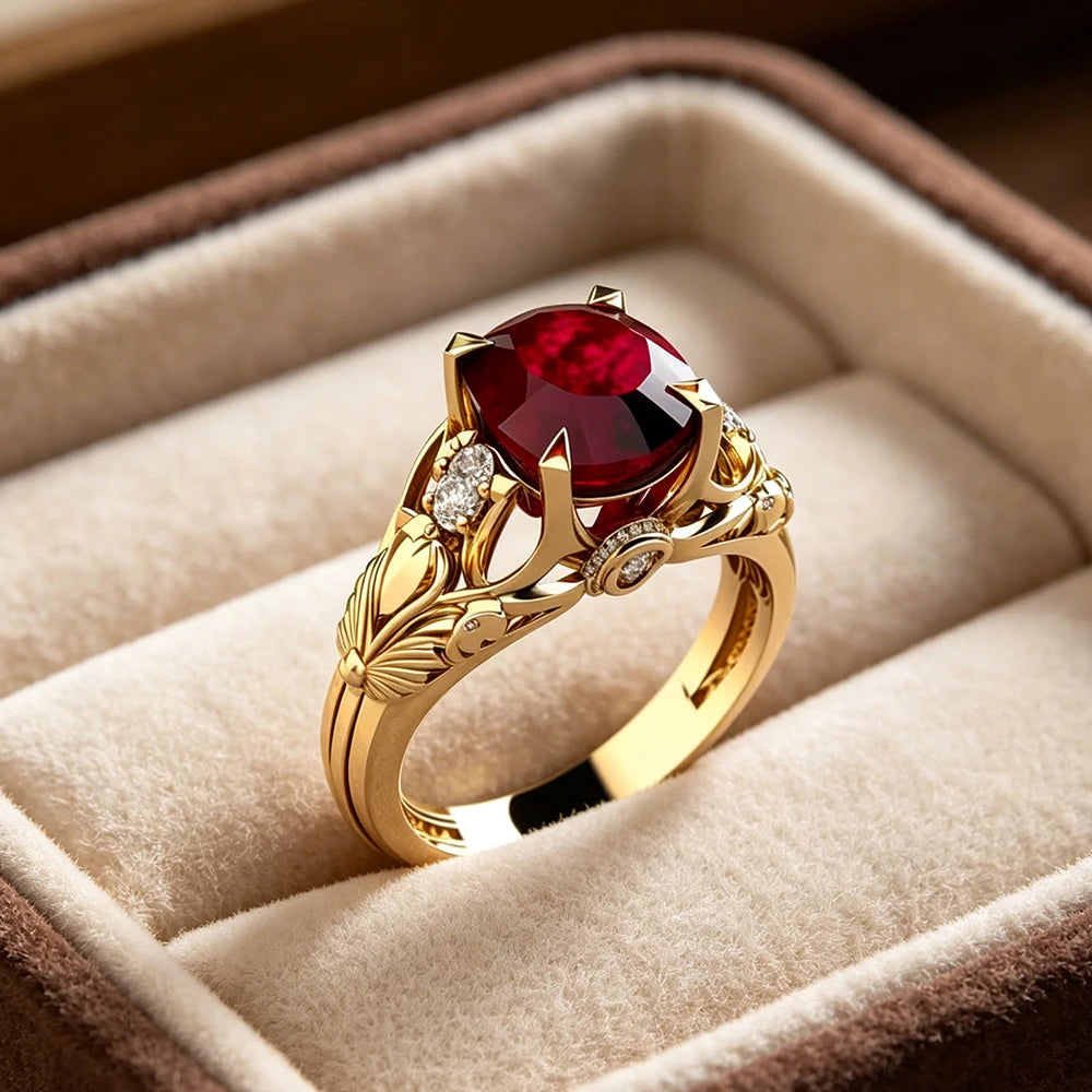 Bague statement rétro Art Deco en or jaune et rubis