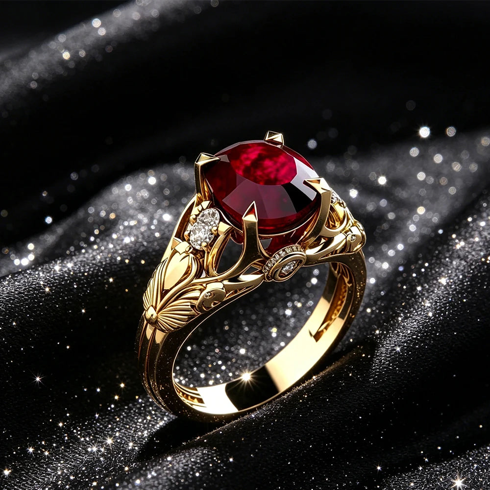 Bague statement rétro Art Deco en or jaune et rubis