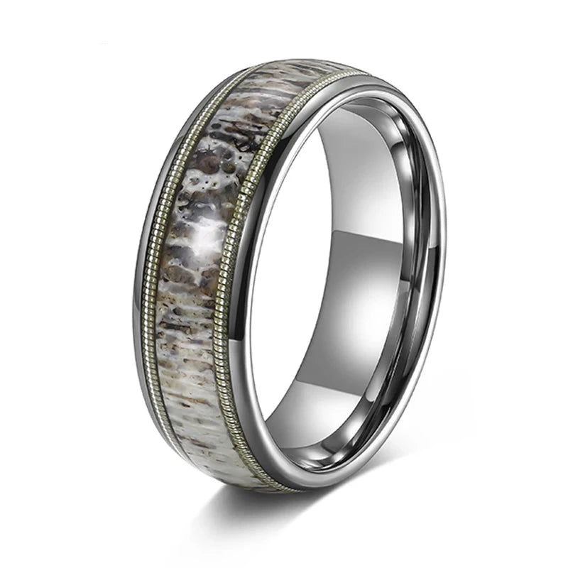 Bague de mariage en tungstène avec bois de cervidé et corde de guitare