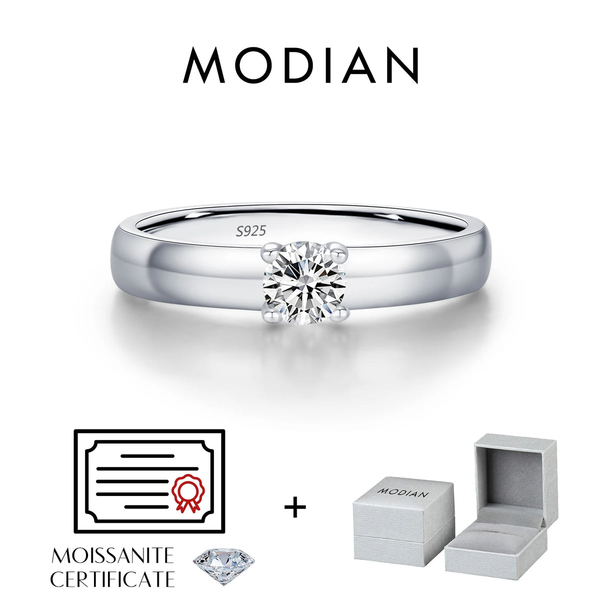 Bague solitaire en argent 925 et moissanite Modian