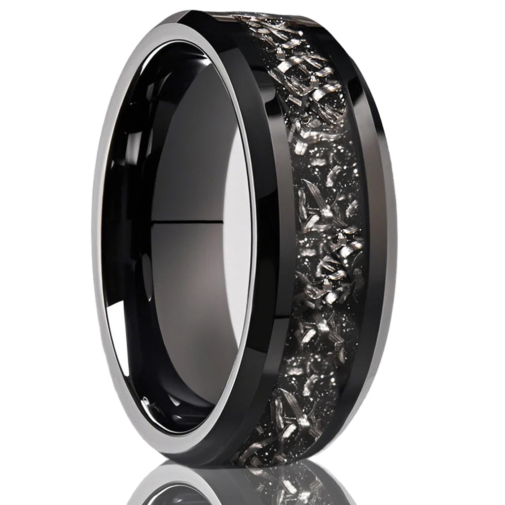 Bague de mariage noire en tungstène et météorite
