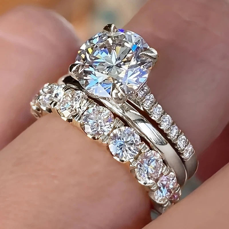 Parure de 3 bagues de mariage en zircone dorée Huitan
