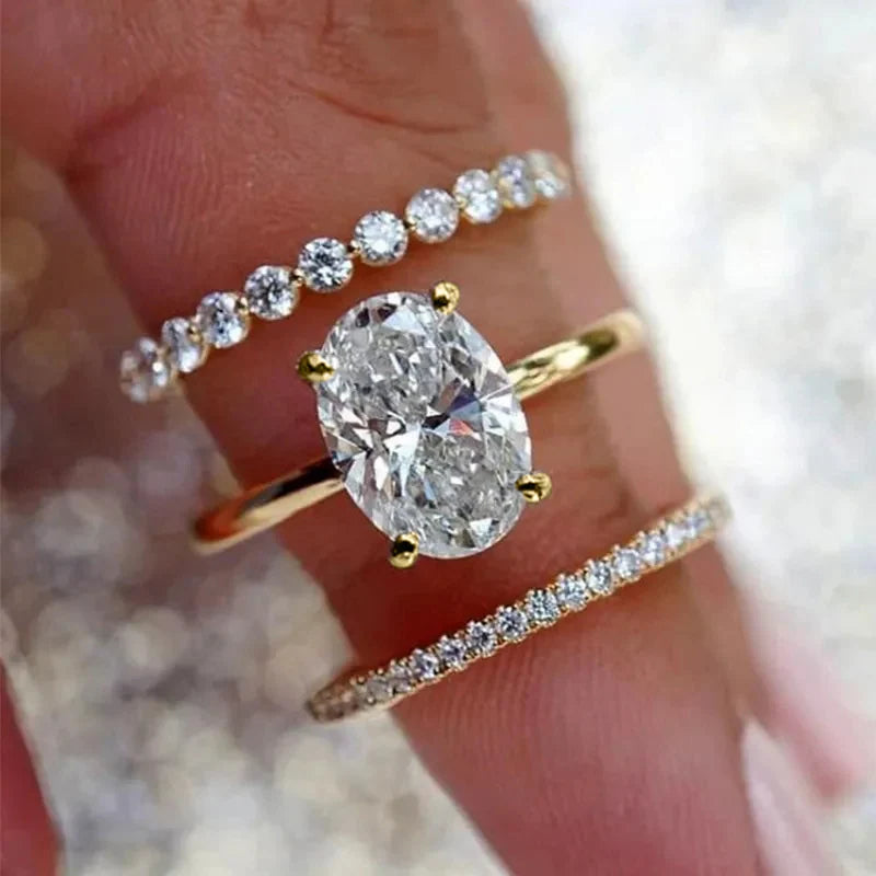Parure de 3 bagues de mariage ovales en zircone Huitan
