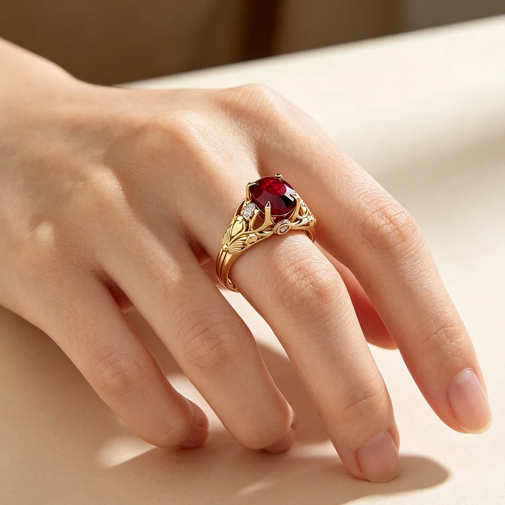 Bague statement rétro Art Deco en or jaune et rubis