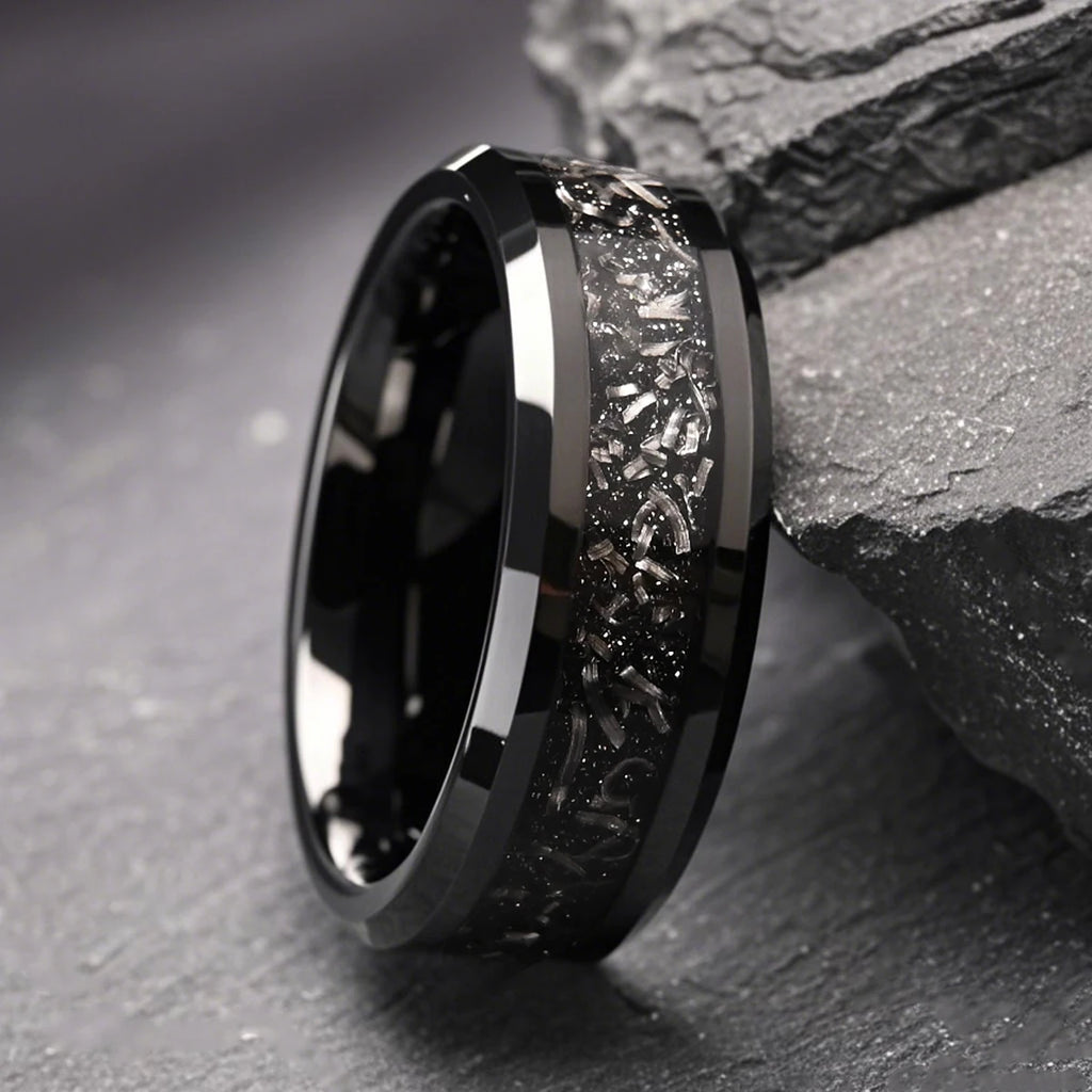 Bague de mariage noire en tungstène et météorite