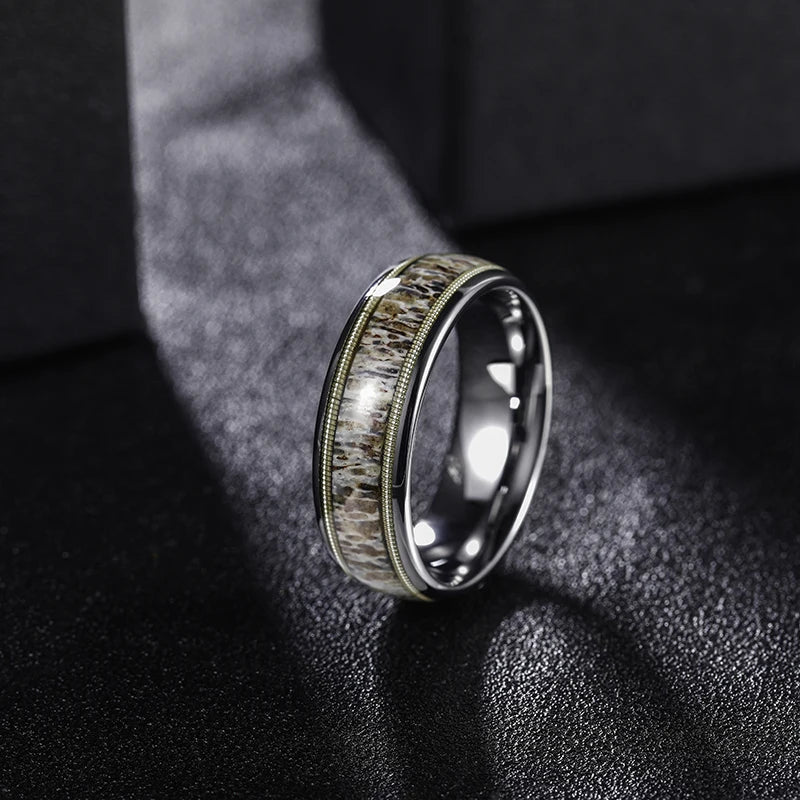 Bague de mariage en tungstène avec bois de cervidé et corde de guitare