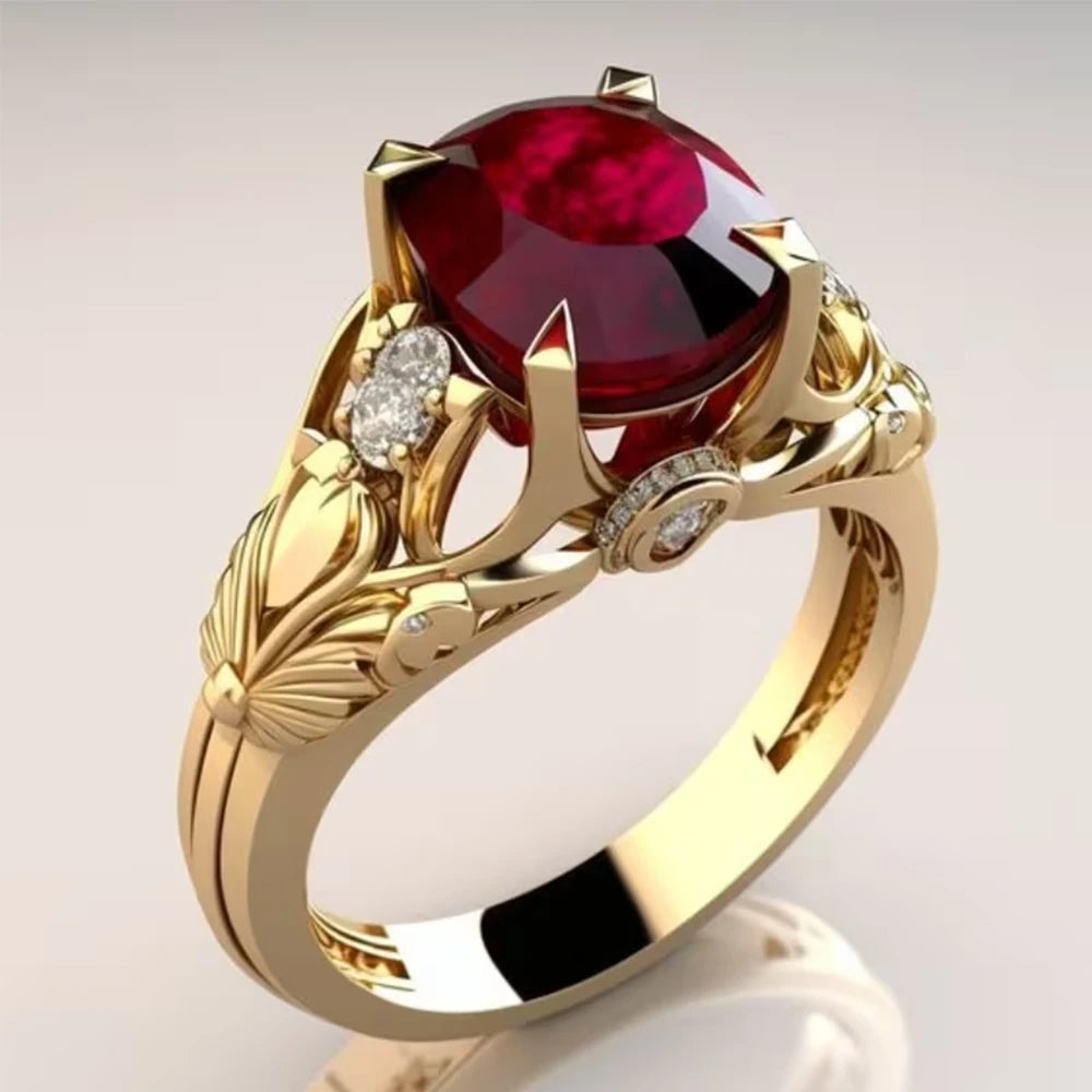 Bague statement rétro Art Deco en or jaune et rubis
