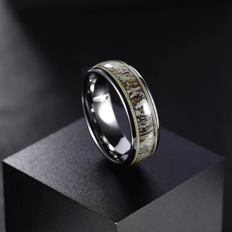 Bague de mariage en tungstène avec bois de cervidé et corde de guitare